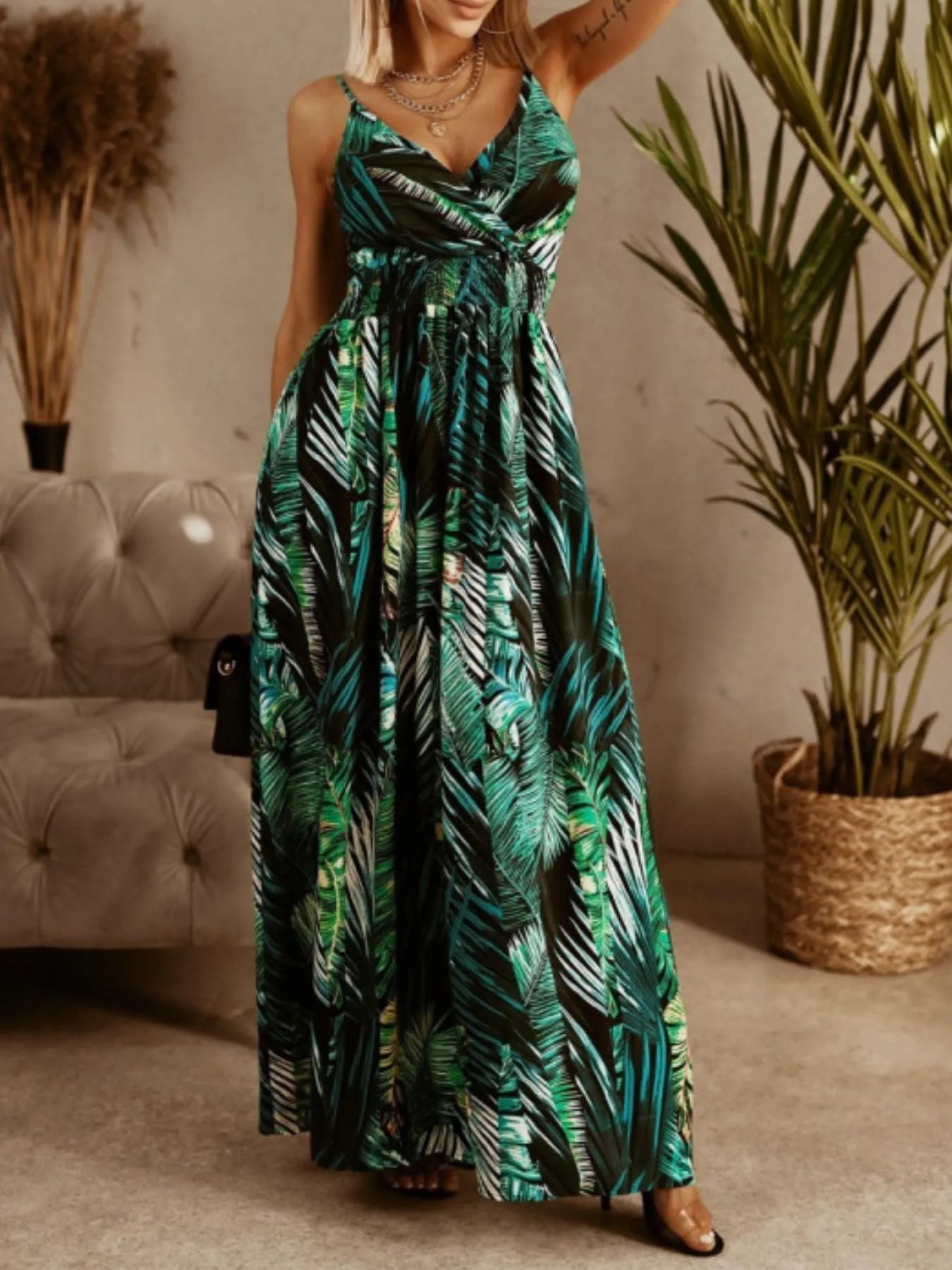 Printed Spaghetti Strap Maxi Dress -