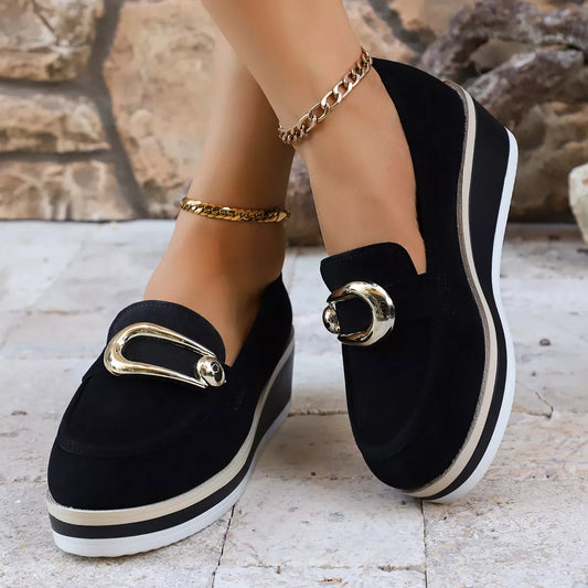 Round Toe Wedge Loafers - Black