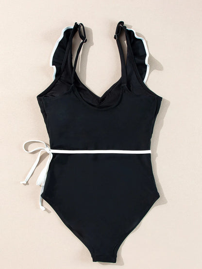Ruffle Trim V-Neck One-Piece Swimsuit -