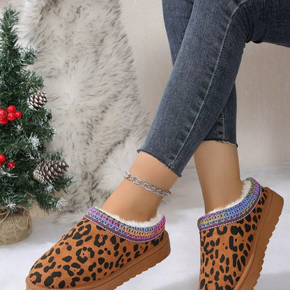 Leopard Print Plush Lined Warm Slip-Ons -