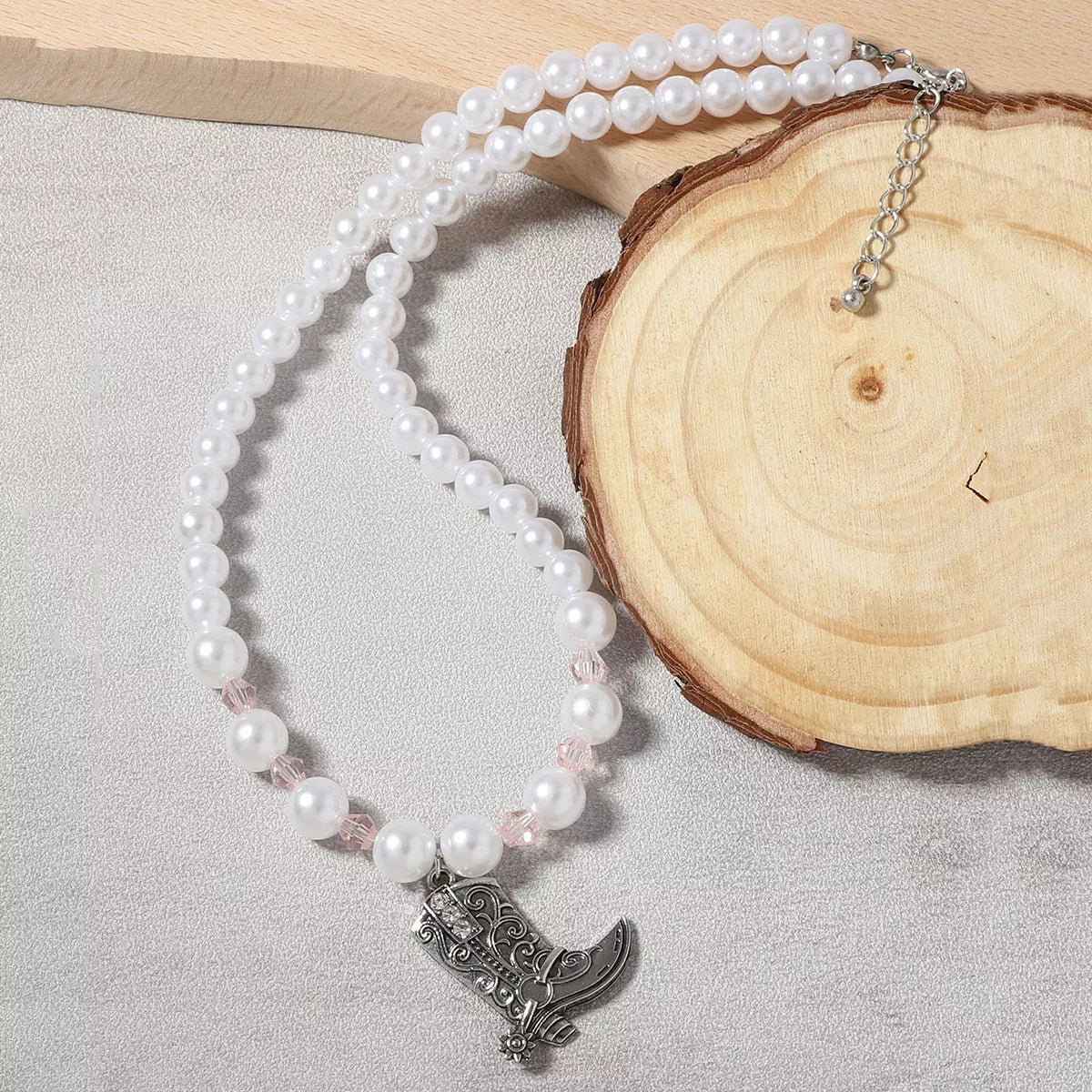 Pearl Beaded Cowboy Boot Necklace - Silver One Size