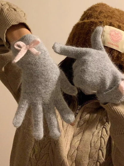 Bow-Accent Knit Gloves -