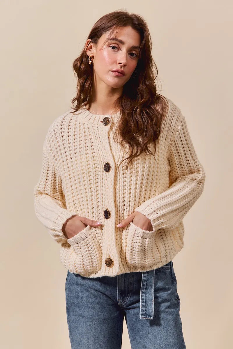Metal Button Long Sleeve Chunky Sweater Cardigan - Cream