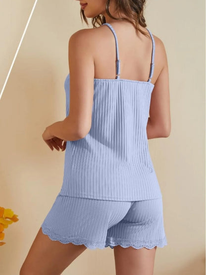 Lace-Trimmed Ribbed Cami and Shorts Lounge Set -