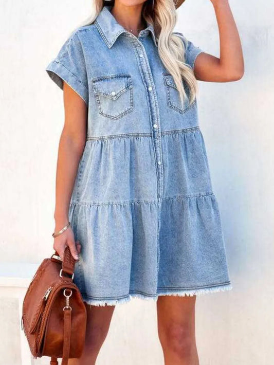 Raw Hem Short Sleeve Denim Dress - Light Blue