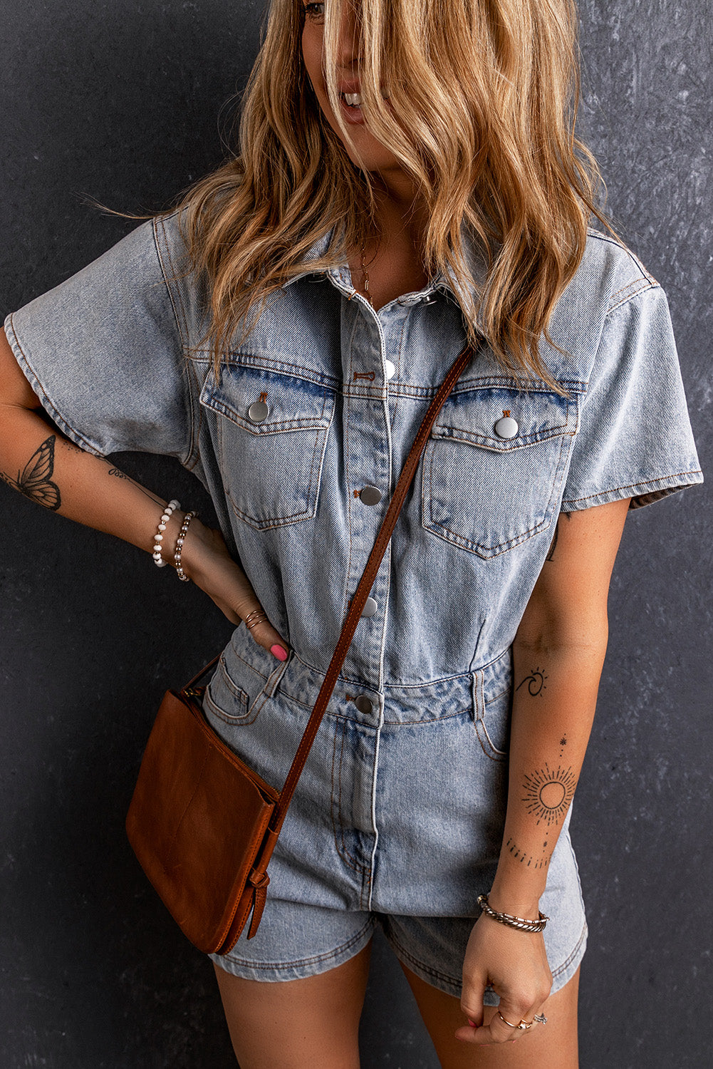 Collared Neck Short Sleeve Denim Romper - Light