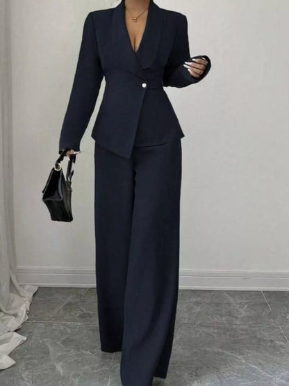 One Button Blazer and Pants Set - Navy Blue