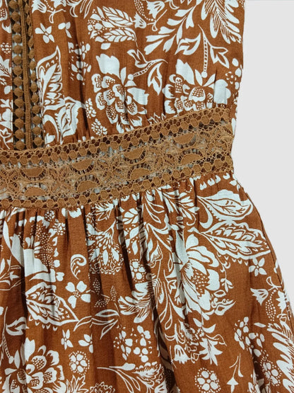 Lace Detail Printed Short Sleeve Midi Dress -