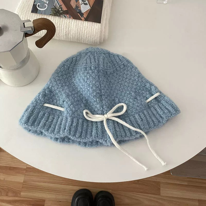Drawstring Knitted Hat - Light Blue One Size