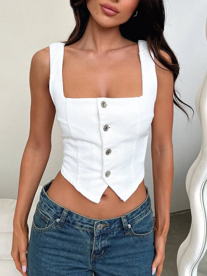 Smocked Square Neck Denim Top - White