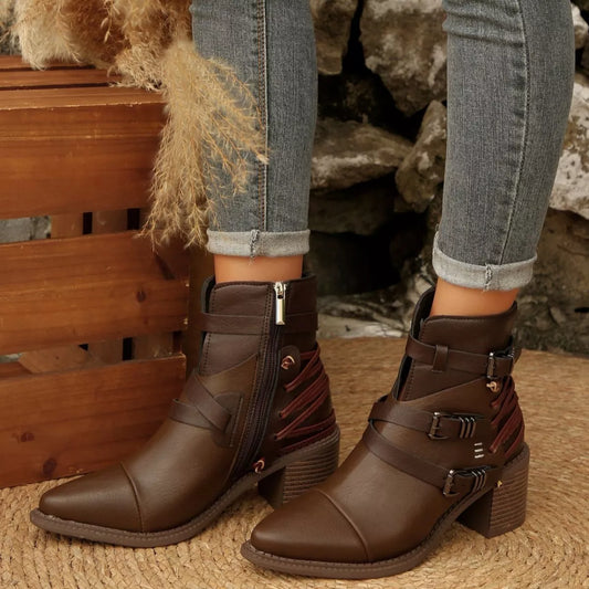 Point Toe Buckle Strap Ankle Boots - Dark Brown