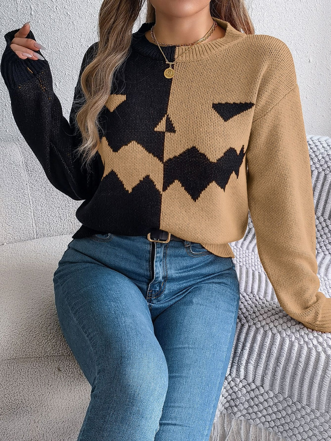 Contrast Round Neck Long Sleeve Sweater