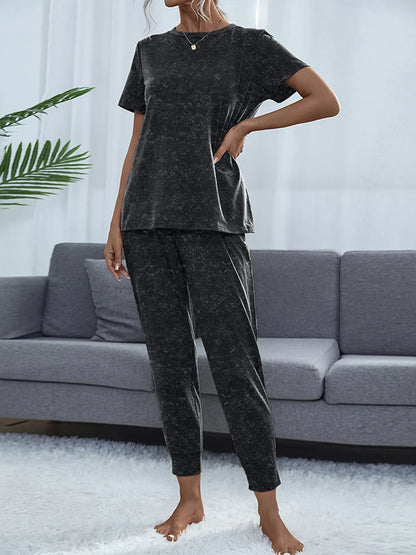 Round Neck Short Sleeve Top and Pants Lounge Set -
