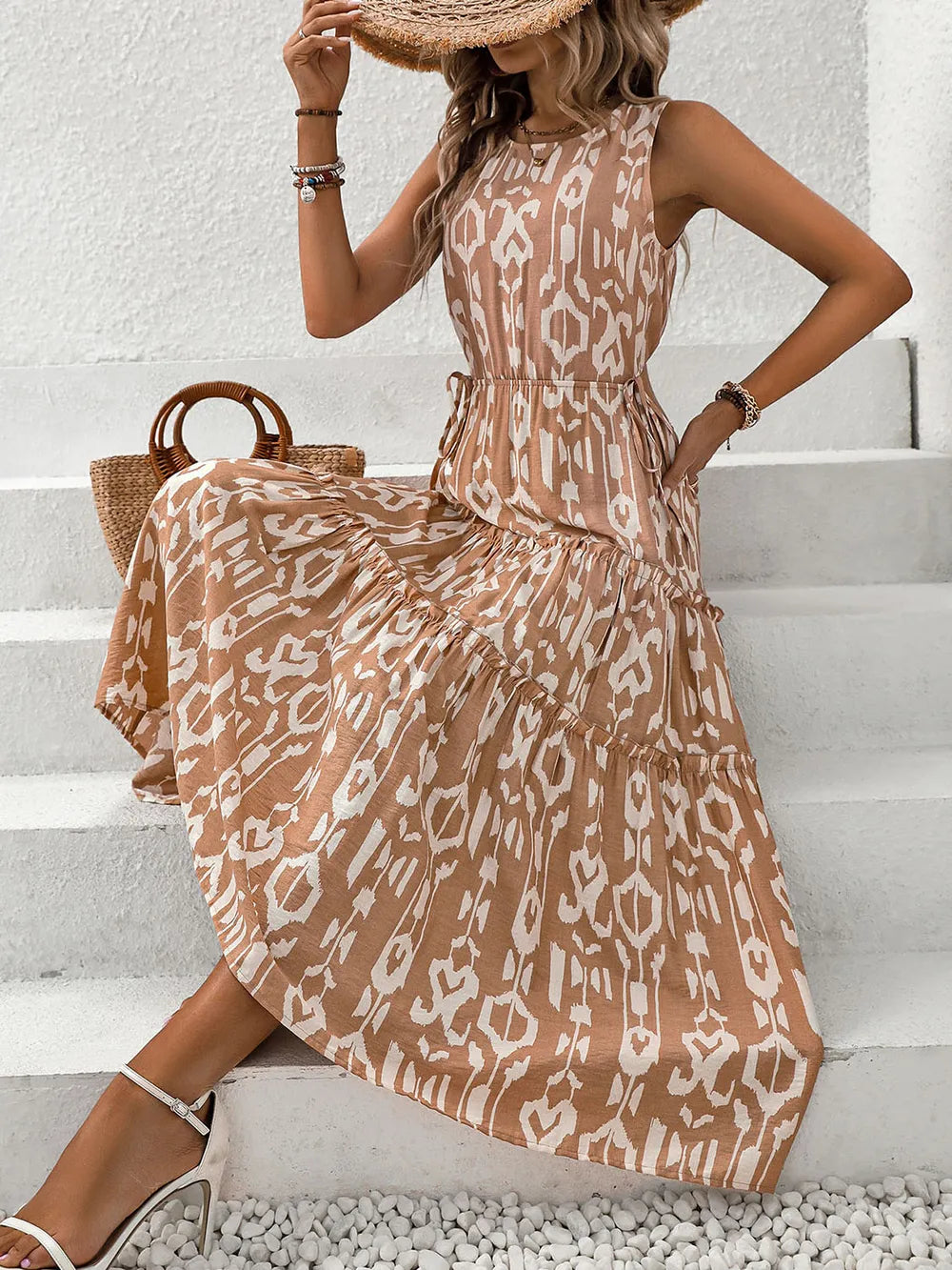 Frill Printed Round Neck Sleeveless Dress -