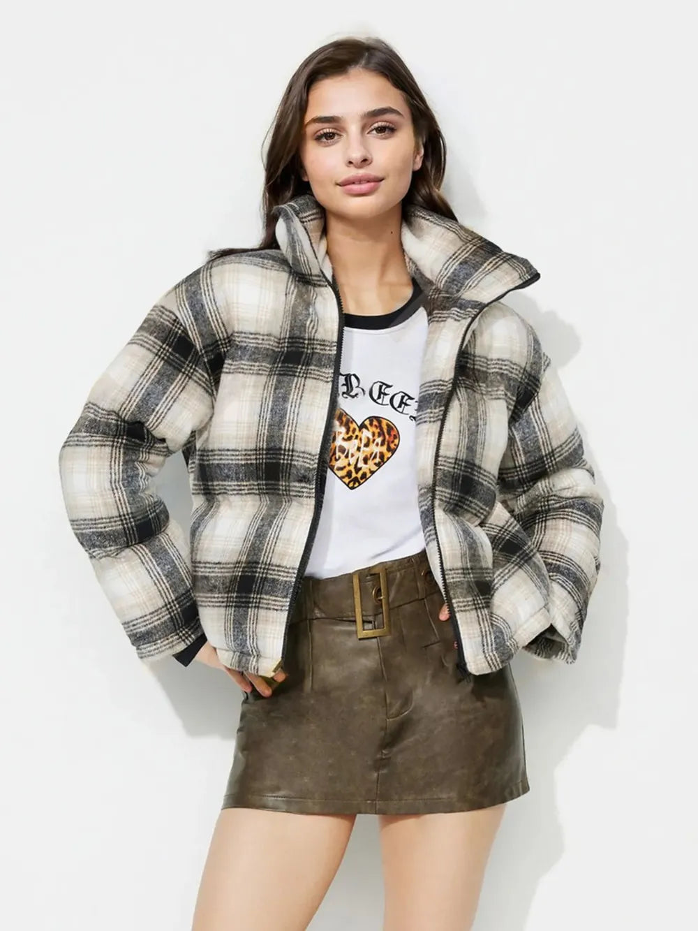 Plaid Zip Up Long Sleeve Jacket - Gray