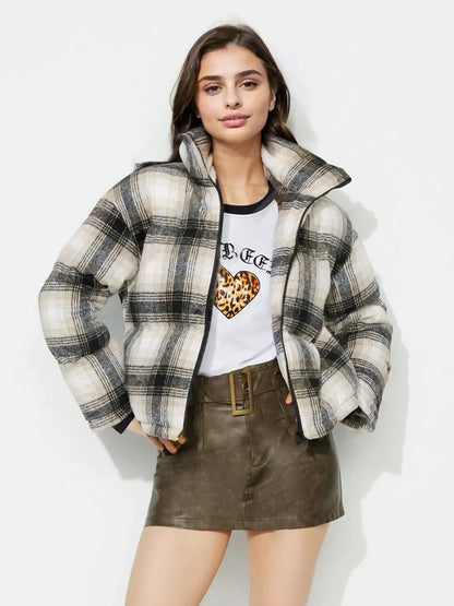 Plaid Zip Up Long Sleeve Jacket - Gray