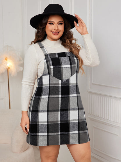 Plus Size Plaid Wide Strap Overall Dress - Black