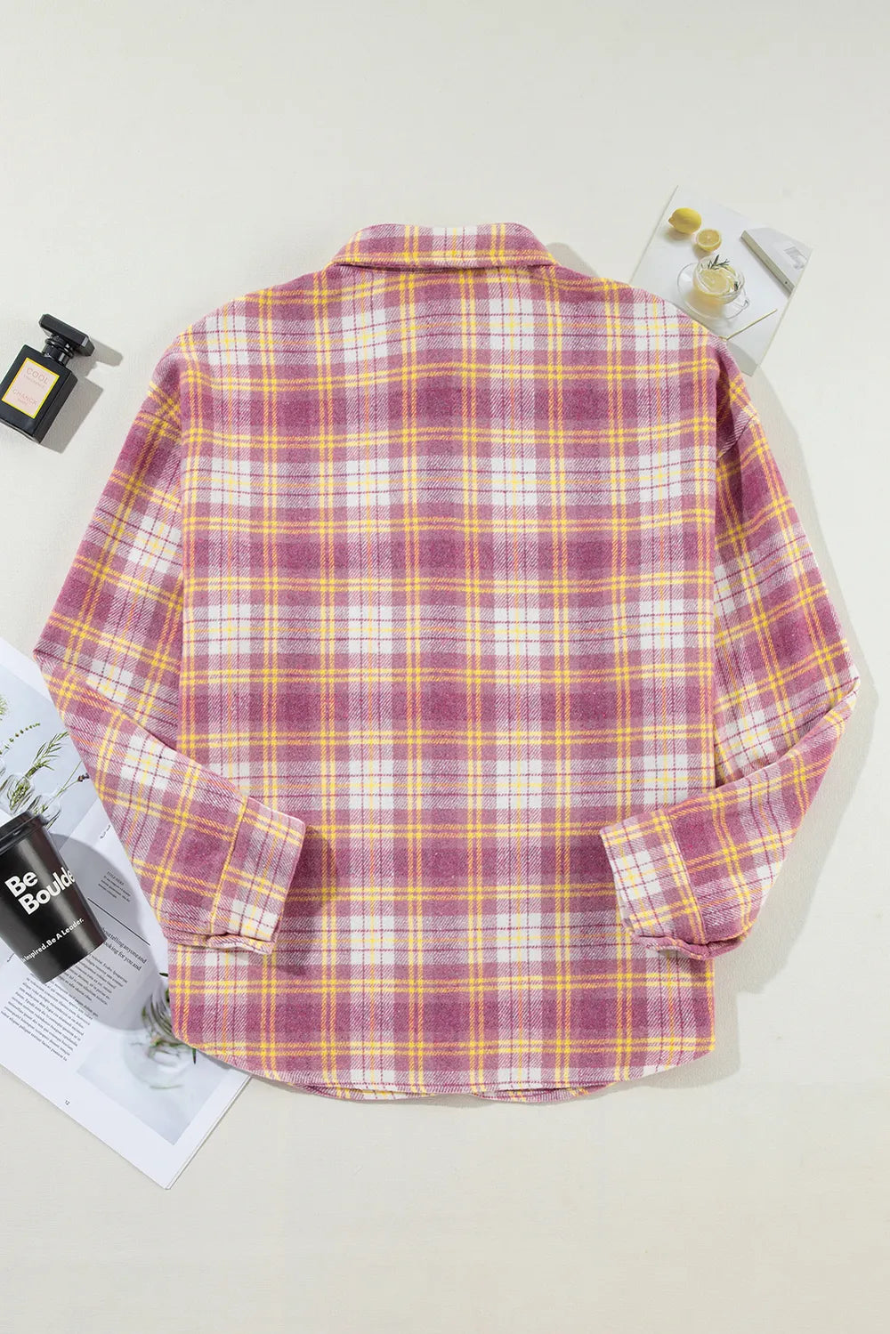 Plaid Collared Neck Button Up Shacket - Pink