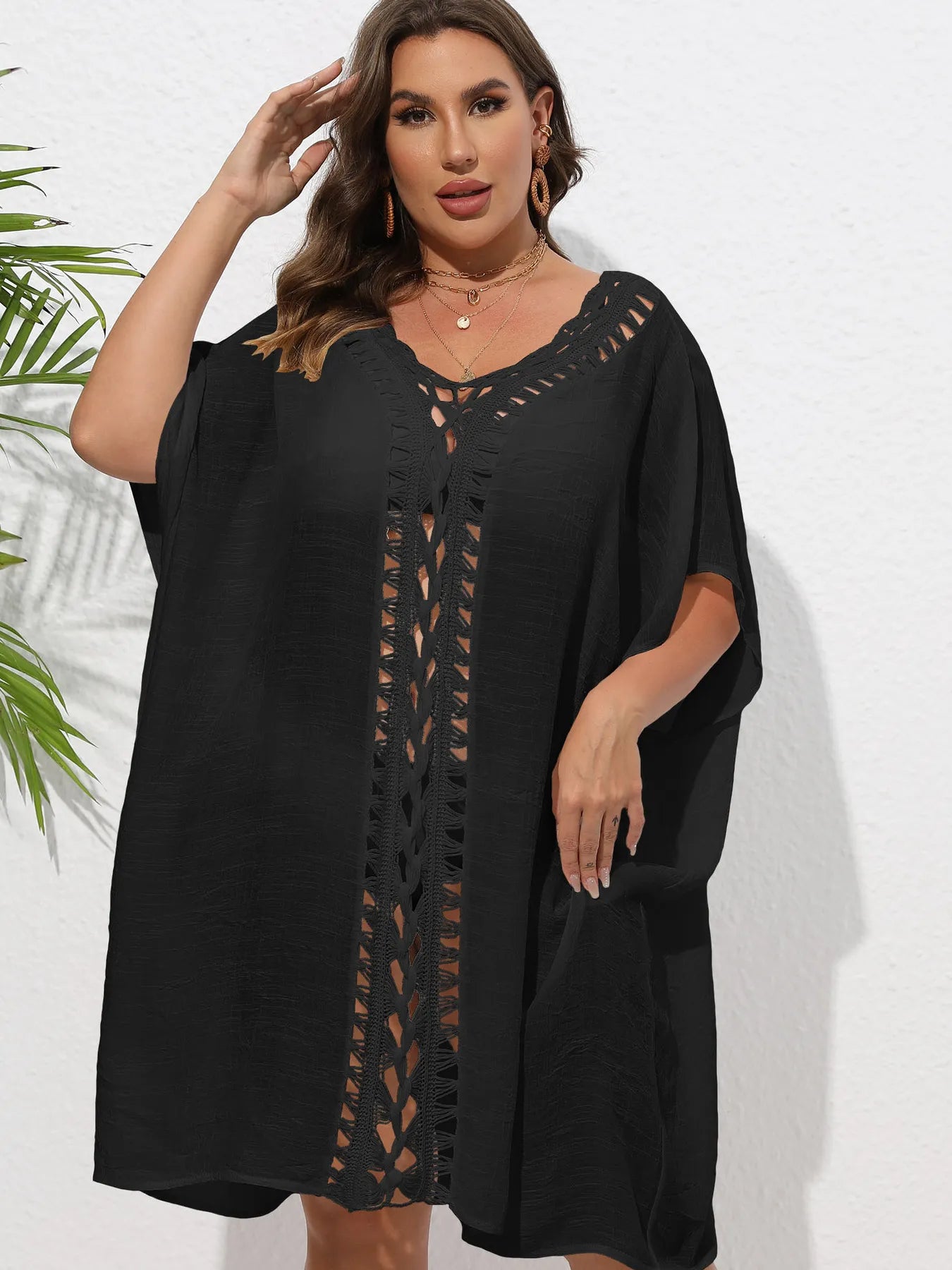 Crochet Trim V-Neck Beach Cover-Up Dress -