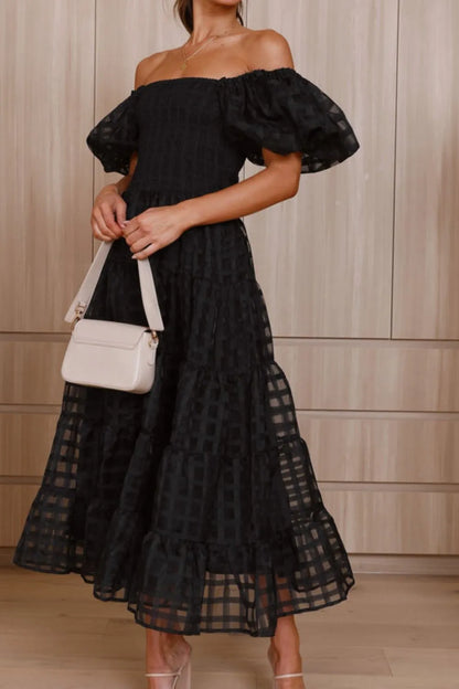 Off Shoulder Short Puff Sleeve Midi Dress -