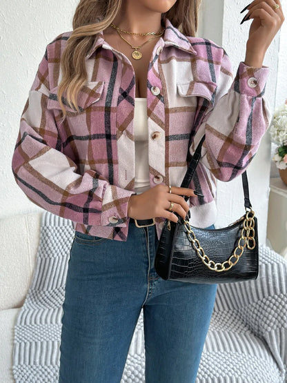 Plaid Button Up Long Sleeve Jacket - Dusty Pink
