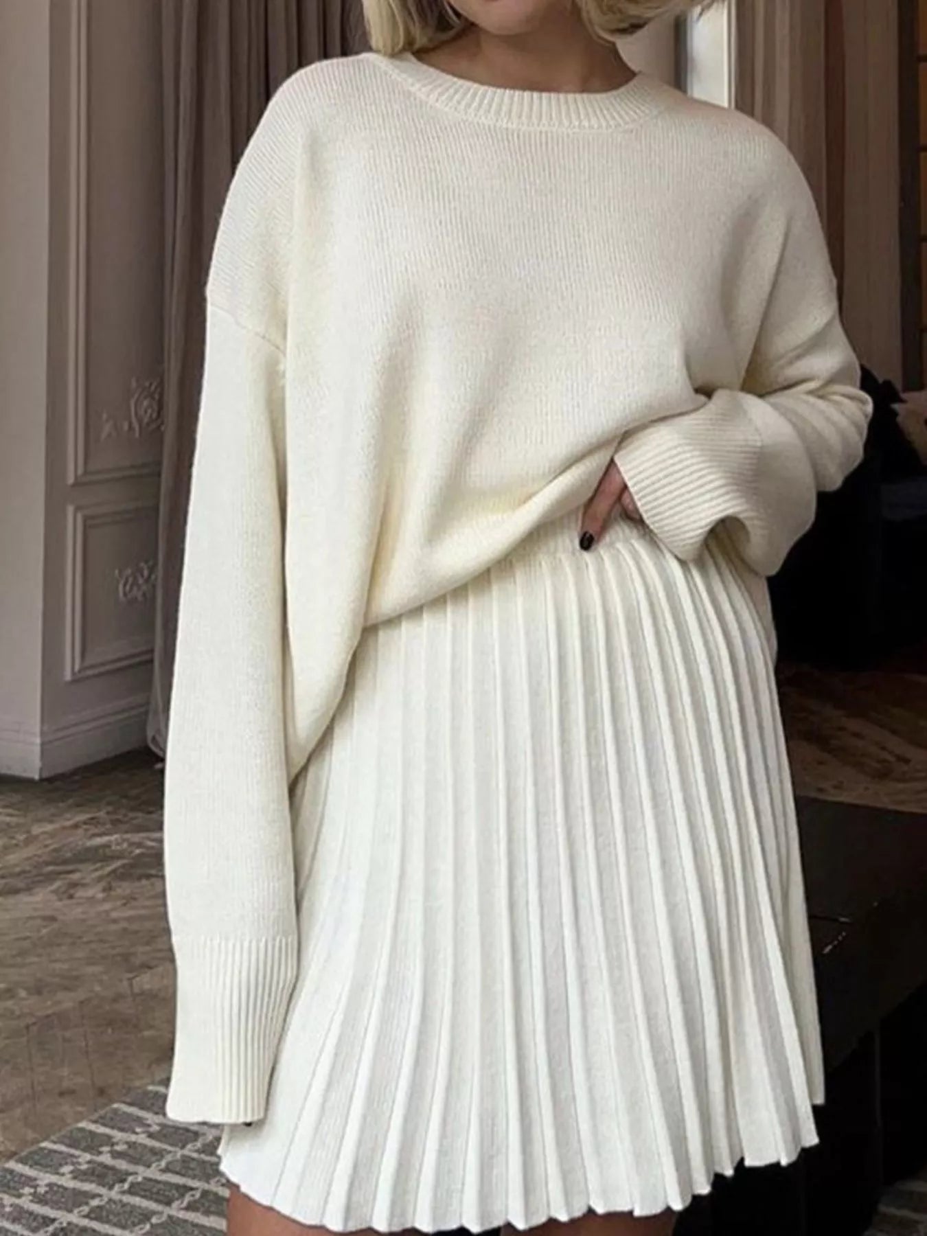 Round Neck Top and Pleated Skirt Sweater Set - Ivory One Size