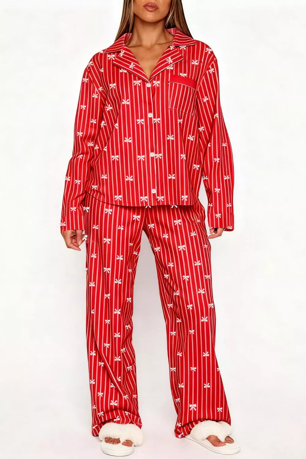 Bow Print Top and Wide Leg Pants Lounge Set - Scarlet
