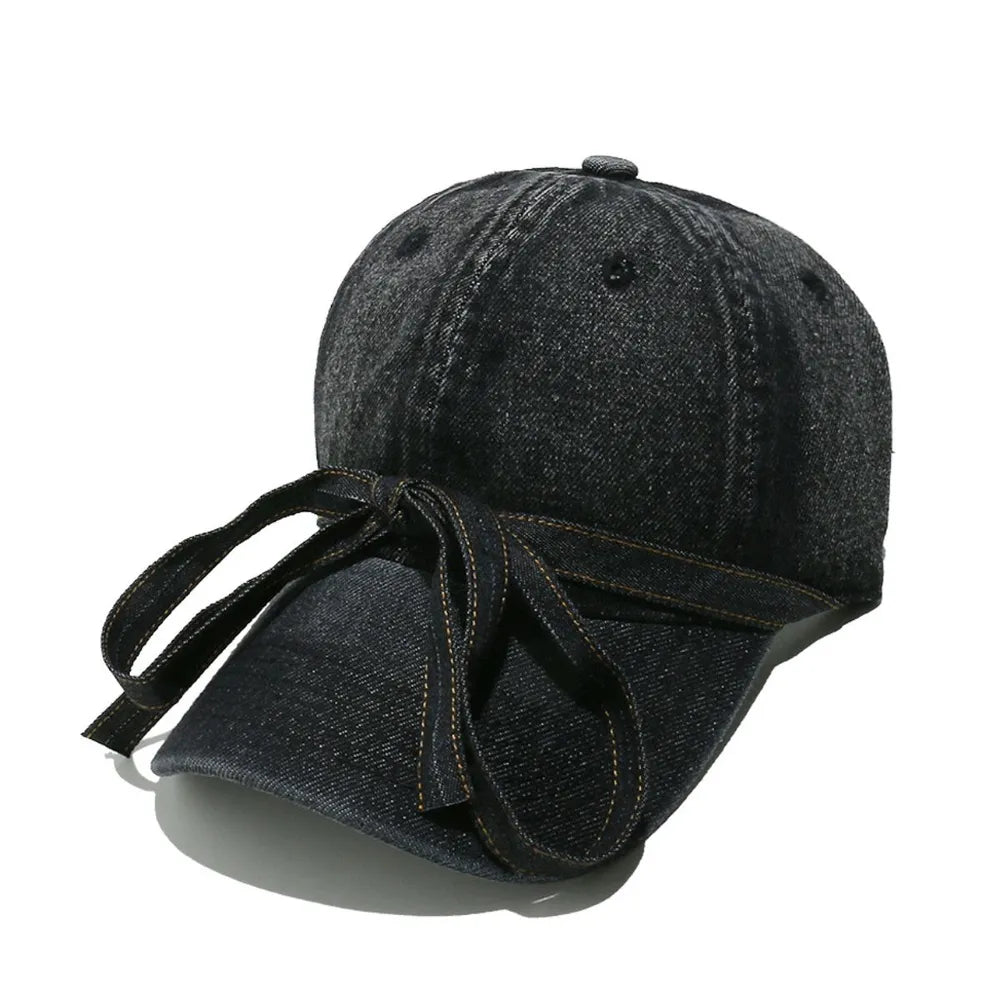 Washed Bow Denim Baseball Cap - Black One Size