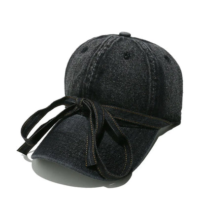 Washed Bow Denim Baseball Cap - Black One Size