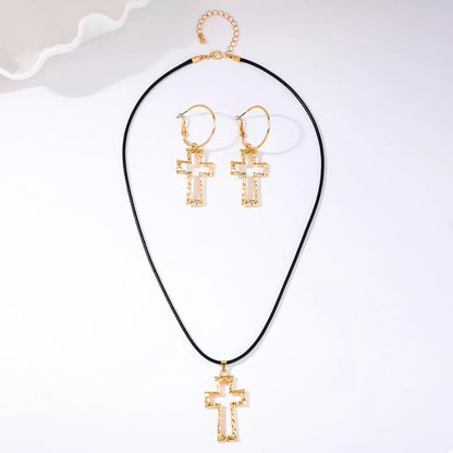 Cross Pendant Necklace and Hoop Earrings Jewelry Set -