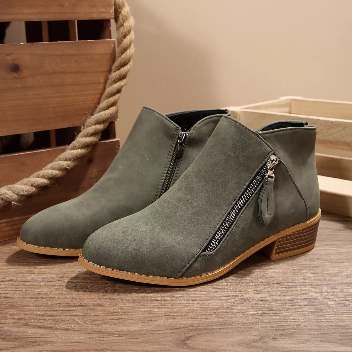 Block Heels Ankle Boots - Sage