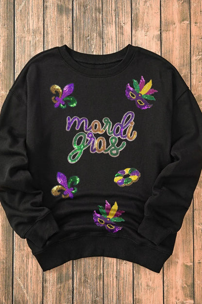 MARDI GRAS Sequin Round Neck Sweatshirt -
