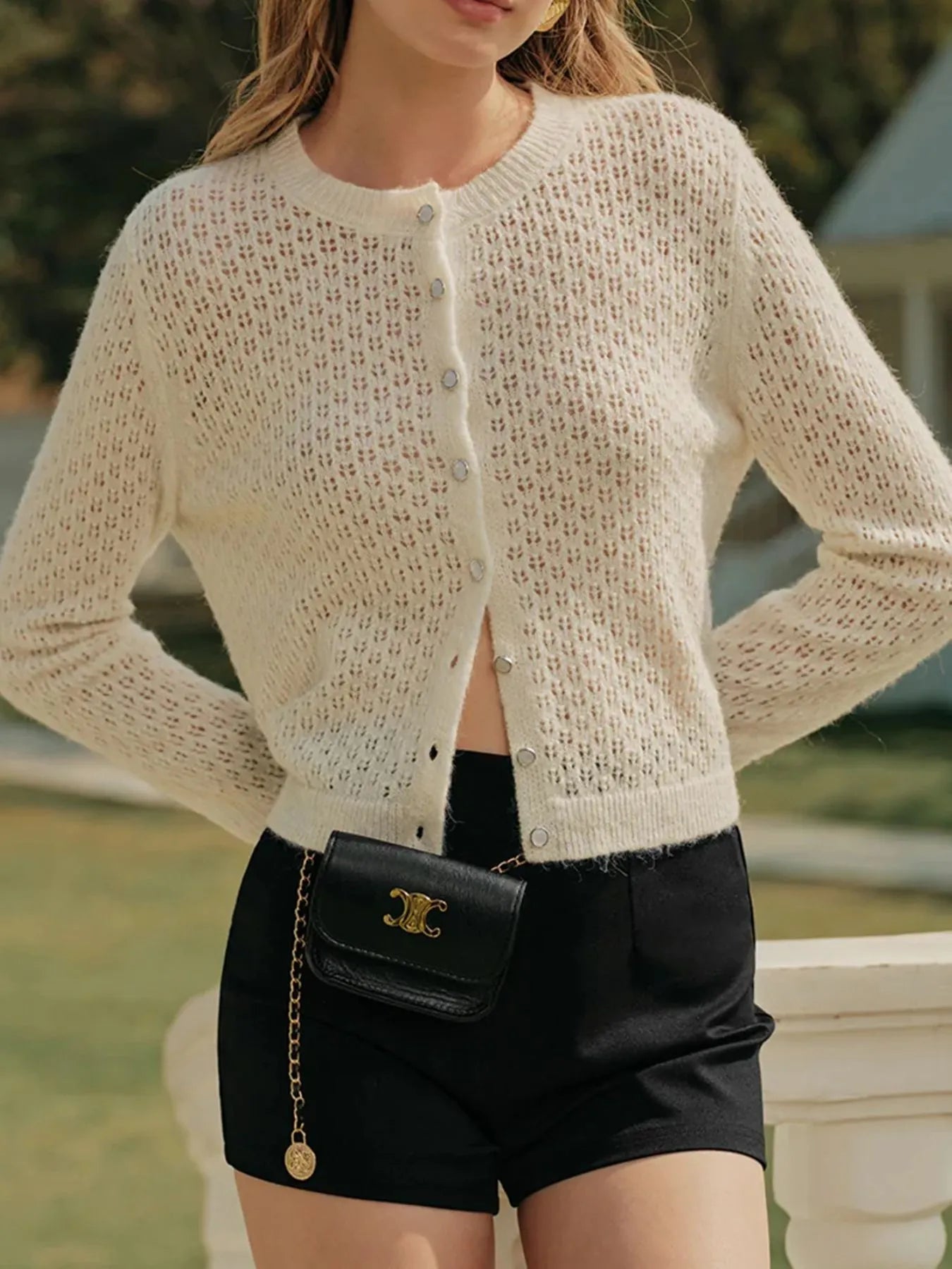 Openwork Button Up Long Sleeve Cardigan - Beige