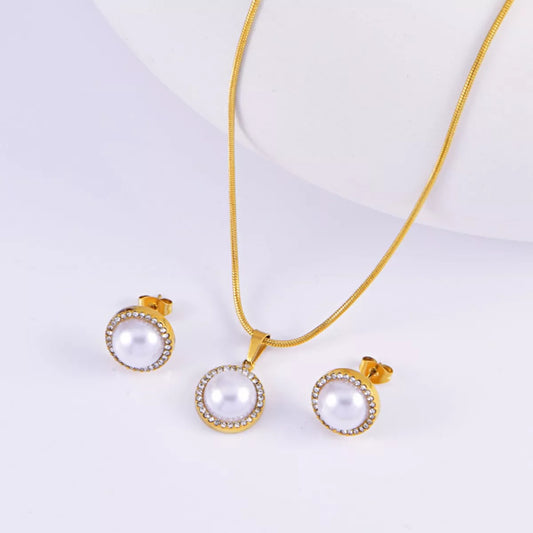 Synthetic Pearl Rhinestone Necklace and Earrings Jewelry Set - Gold One Size