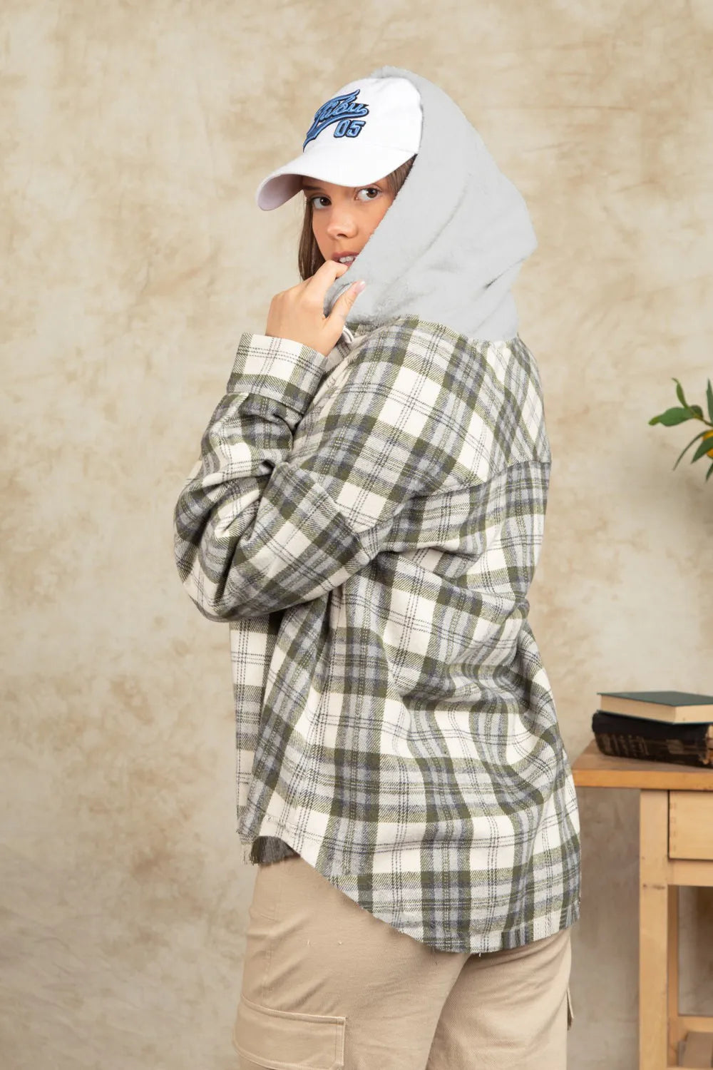 Drawstring Plaid Long Sleeve Hooded Jacket - Sage