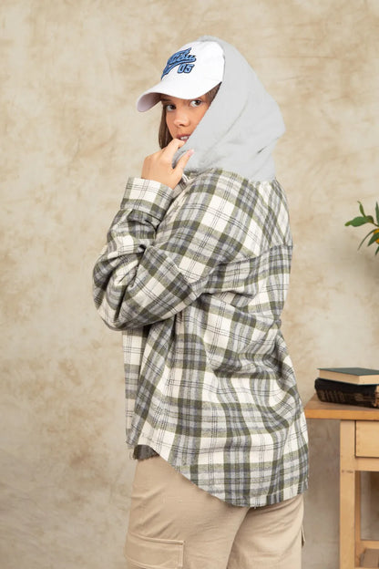 Drawstring Plaid Long Sleeve Hooded Jacket - Sage