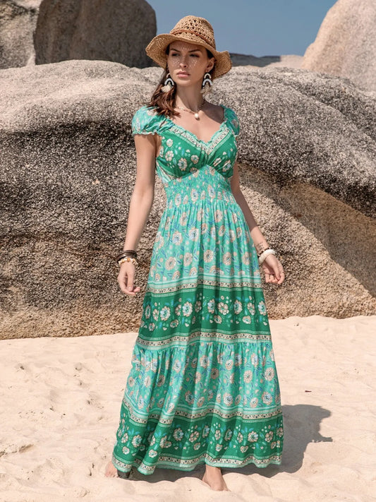 Smocked Printed V-Neck Dress - Green