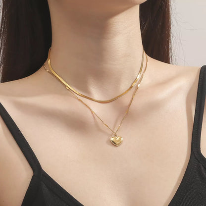Gold-Plated Double Layered Heart Pendant Necklace - Gold One Size