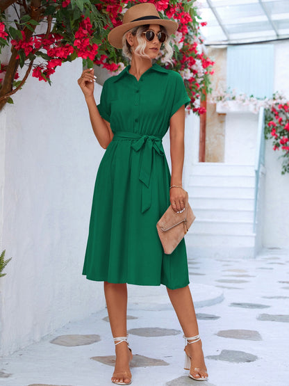 Buttoned Tie Waist Dress - Mid Green