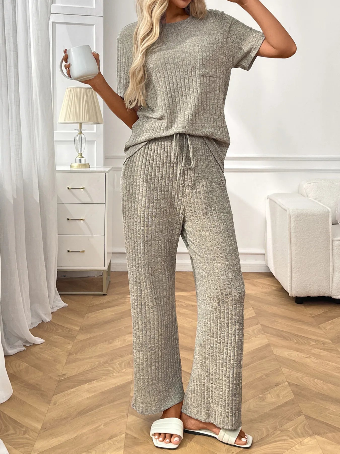 Ribbed Knit Short Sleeve Top and Pants Lounge Set -