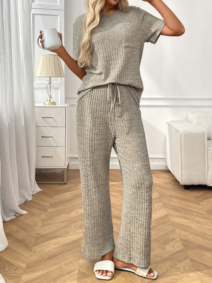 Ribbed Knit Short Sleeve Top and Pants Lounge Set -