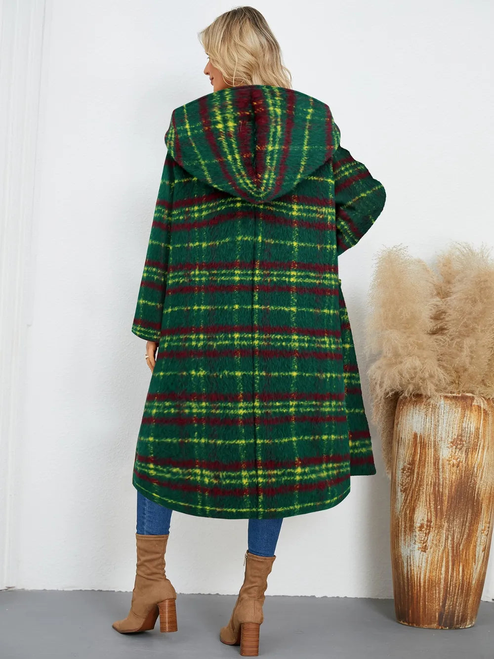 Plaid Long Sleeve Hooded Coat - Dark Green