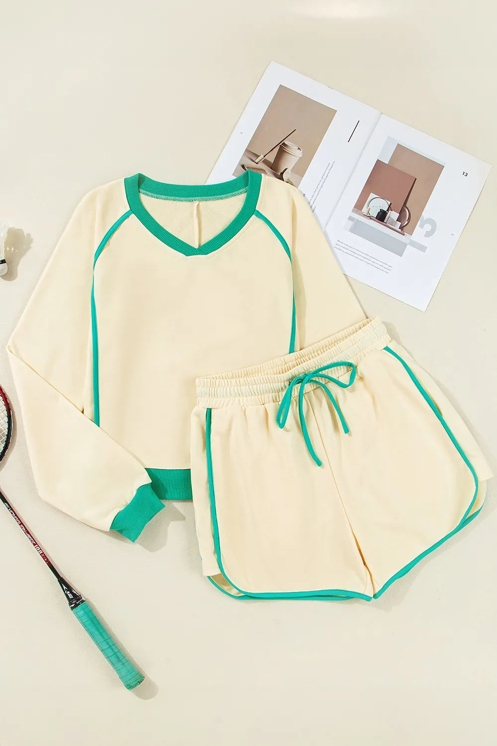 Contrast Round Neck Top and Shorts Set -