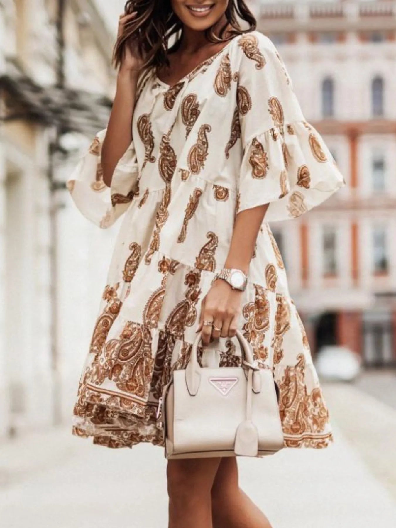 Paisley Print Tie Neck Half Sleeve Mini Dress - Apricot
