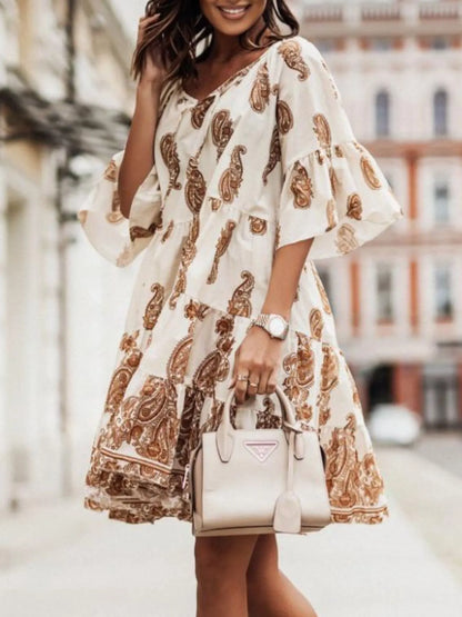Paisley Print Tie Neck Half Sleeve Mini Dress - Apricot