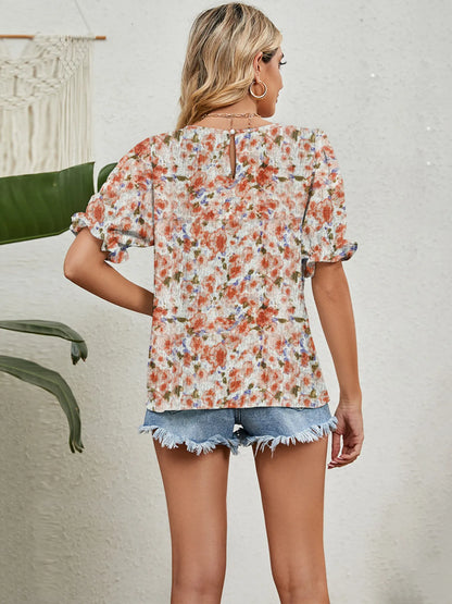 Printed Puff Sleeve Casual Blouse - Orange