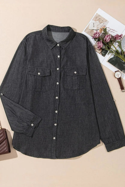 Collared Neck Long Sleeve Denim Top -