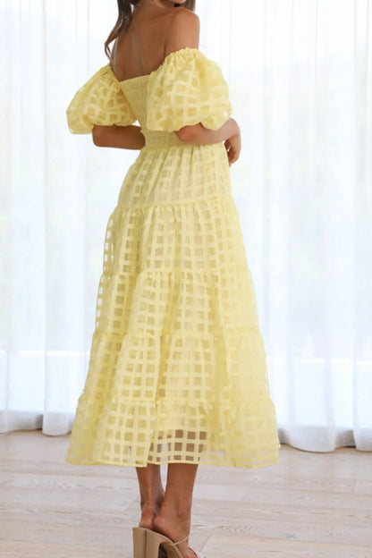 Off Shoulder Short Puff Sleeve Midi Dress -