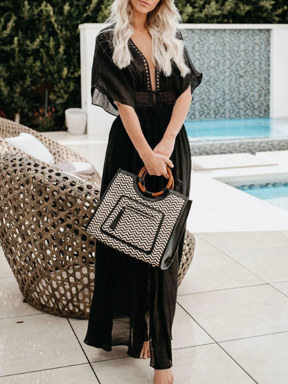 Lace Trim Plunging Beach Cover-Up Maxi Dress -