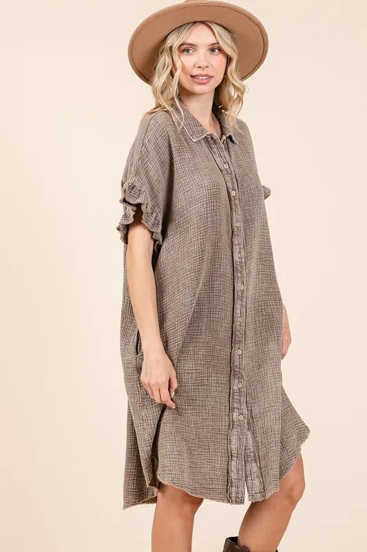 Mineral Wash Cotton Gauze Mini Shirt Dress -